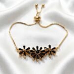 Gold Stainless Steel Black Crystal Floral Adjustable Bracelet