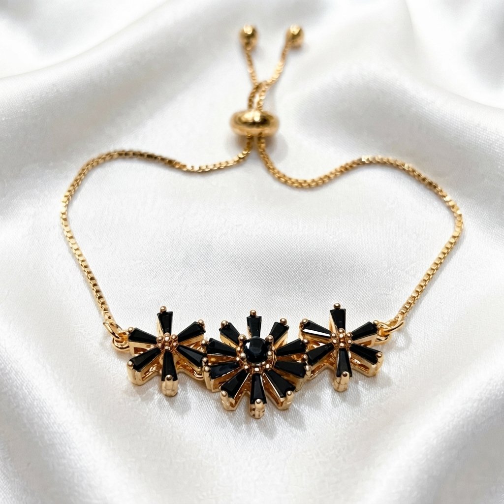 Gold Stainless Steel Black Crystal Floral Adjustable Bracelet Gold Stainless Steel Black Crystal Floral Adjustable Bracelet - Image 1