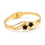 Gold Stainless Steel Black Flower Bangle Bracelet