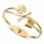 Gold Stainless Steel Butterfly & Clover Crystal Bangle Bracelet