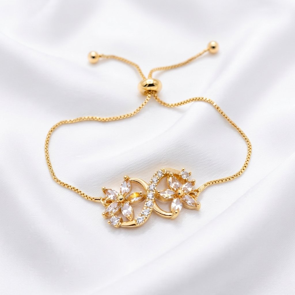 Gold Stainless Steel Floral Infinity Crystal Adjustable Bracelet Gold Stainless Steel Floral Infinity Crystal Adjustable Bracelet - Image 1