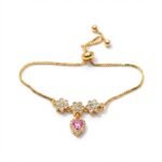 Gold Stainless Steel Pink Heart & Floral Crystal Adjustable Bracelet