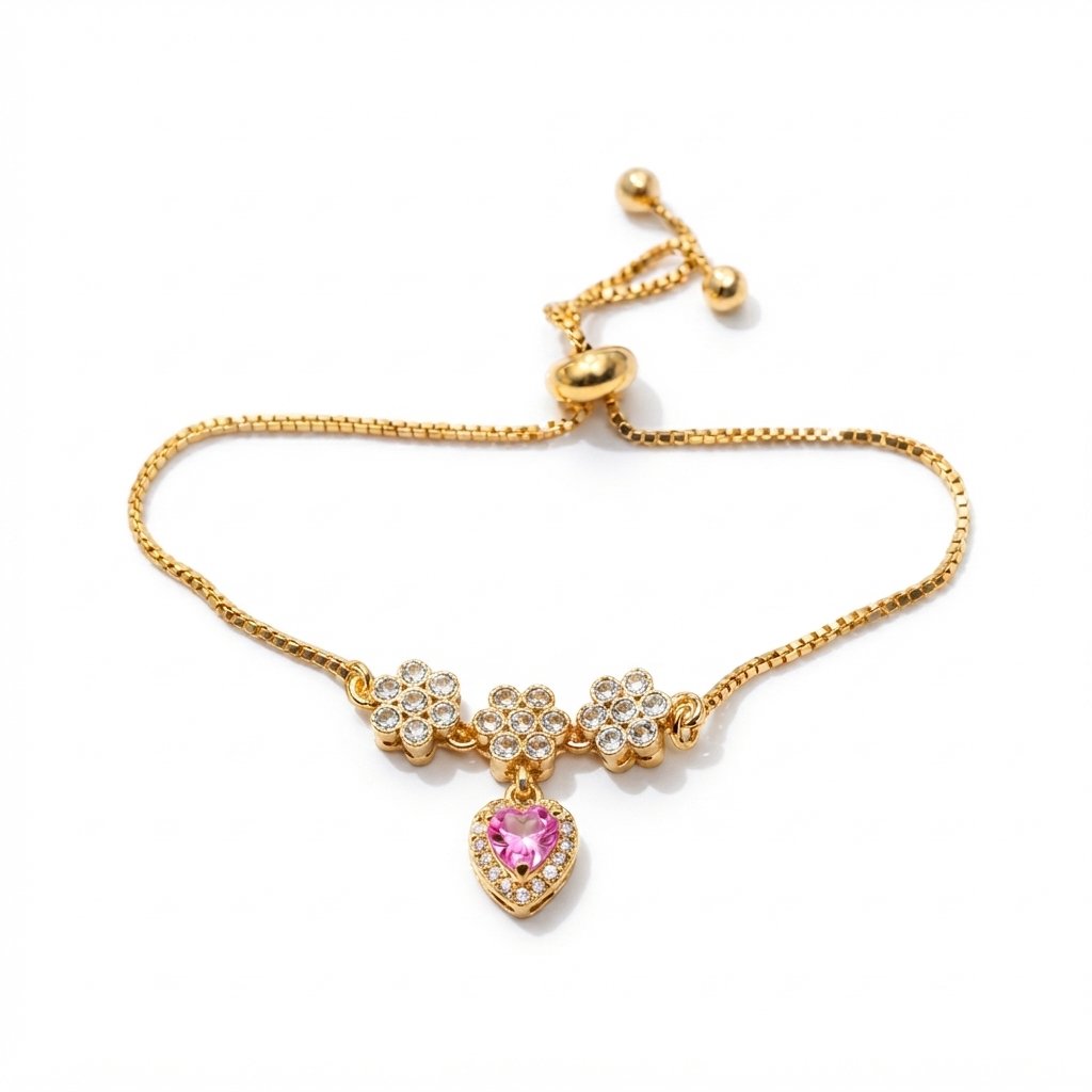 Gold Stainless Steel Pink Heart & Floral Crystal Adjustable Bracelet Gold Stainless Steel Pink Heart & Floral Crystal Adjustable Bracelet - Image 1