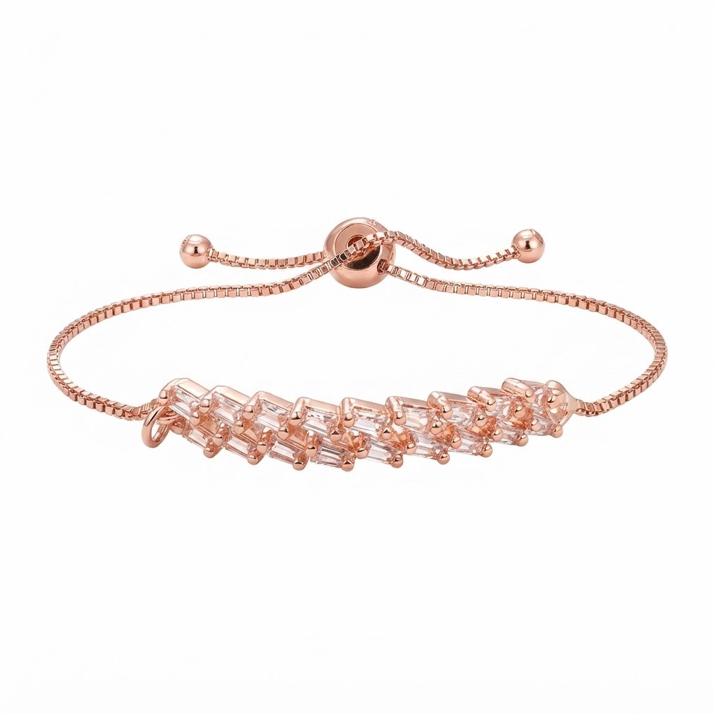 Rose Gold Stainless Steel Baguette Crystal Adjustable Bracelet Rose Gold Stainless Steel Baguette Crystal Adjustable Bracelet - Image 1