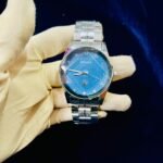 Men Luxury Watch Blue Textured Dial Steel Chain